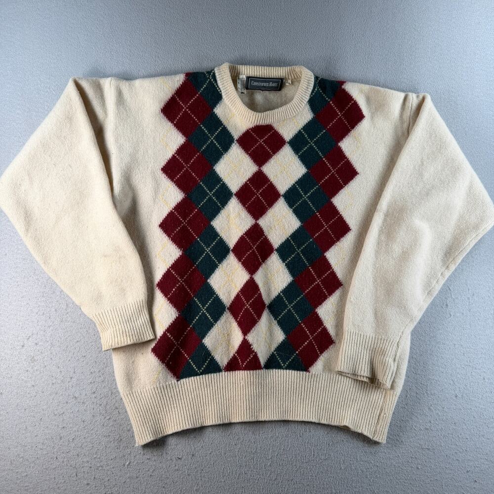 Christopher Hayes XL 100% Pure Wool Argyle Sweater Cream Burgundy Green Crewneck